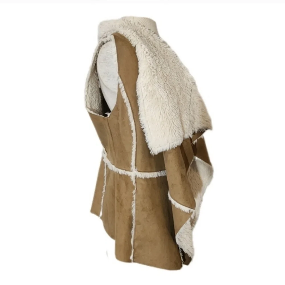 Xhileration Faux Suede & Sherpa Open Vest OS Brown - Picture 4 of 11